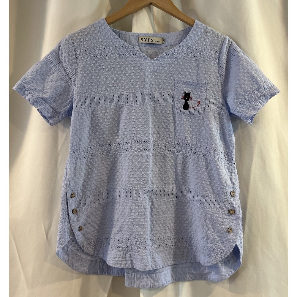 SYFS Embroidered Cat Blue‎ Blouse Pocket